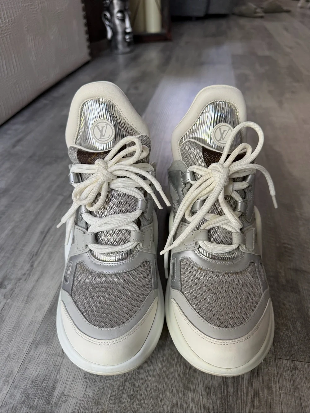 Louis Vuitton White and Silver Sneakers with White and Iridescent Box Bag